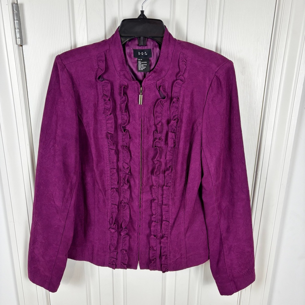 R.Q.T. Purple Faux Suede Ruffle Front Zip Up Jacket Mock Neck Size M Plum